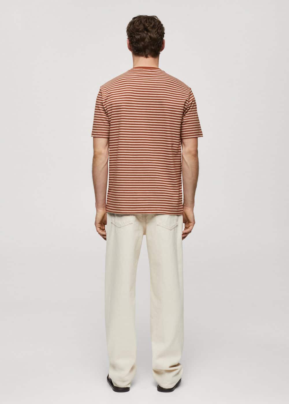 MANGO MAN - Striped cotton linen-blend T-shirt burnt orangeMen Product Image