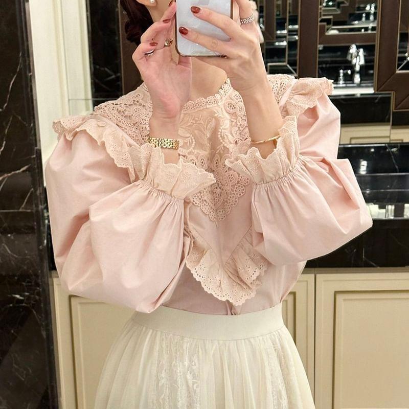 Long-Sleeve Lace Asymmetrical Plain Blouse Product Image