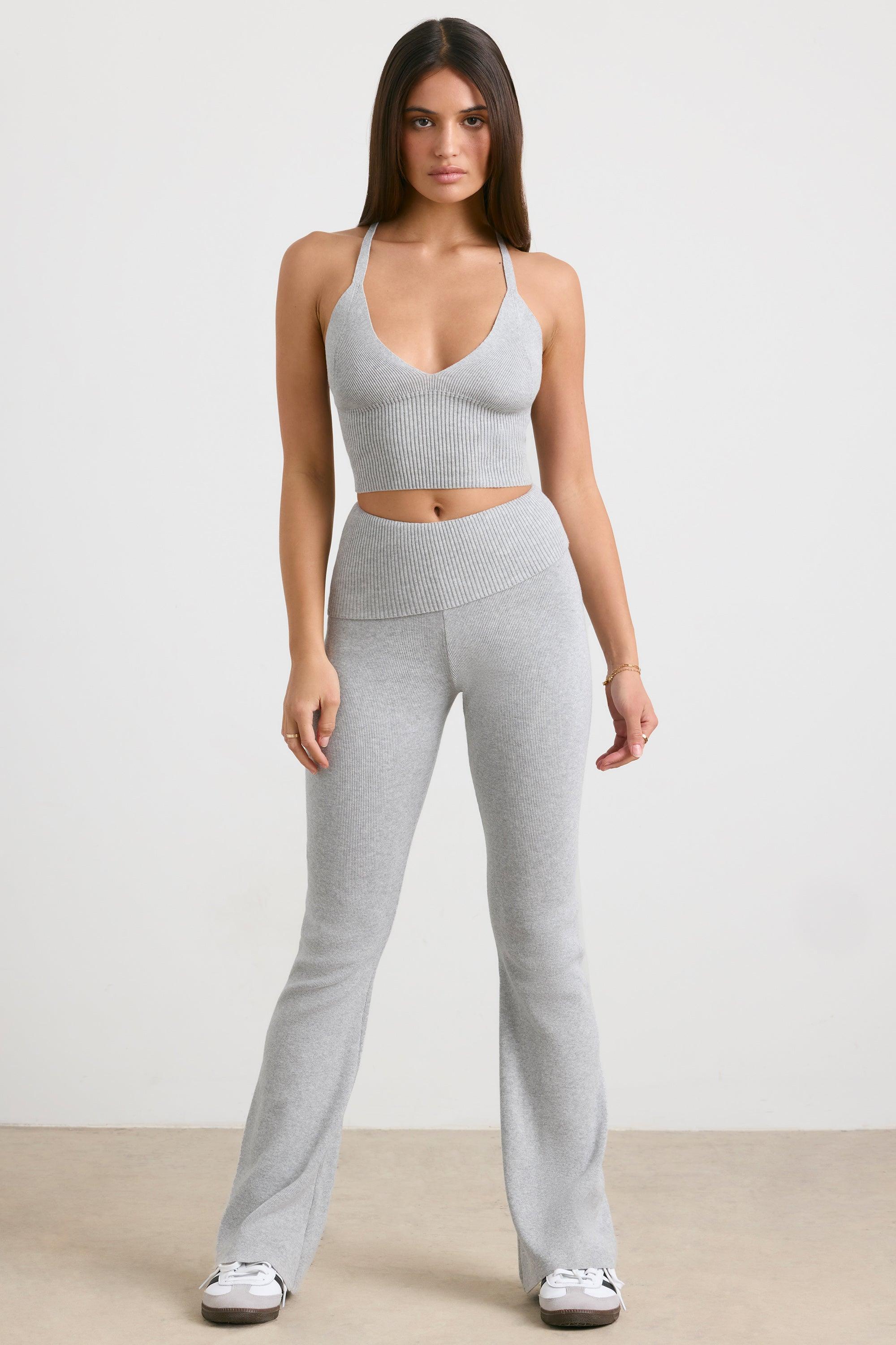 Petite Chunky Knit Kick Flare Trousers in Heather Grey Product Image