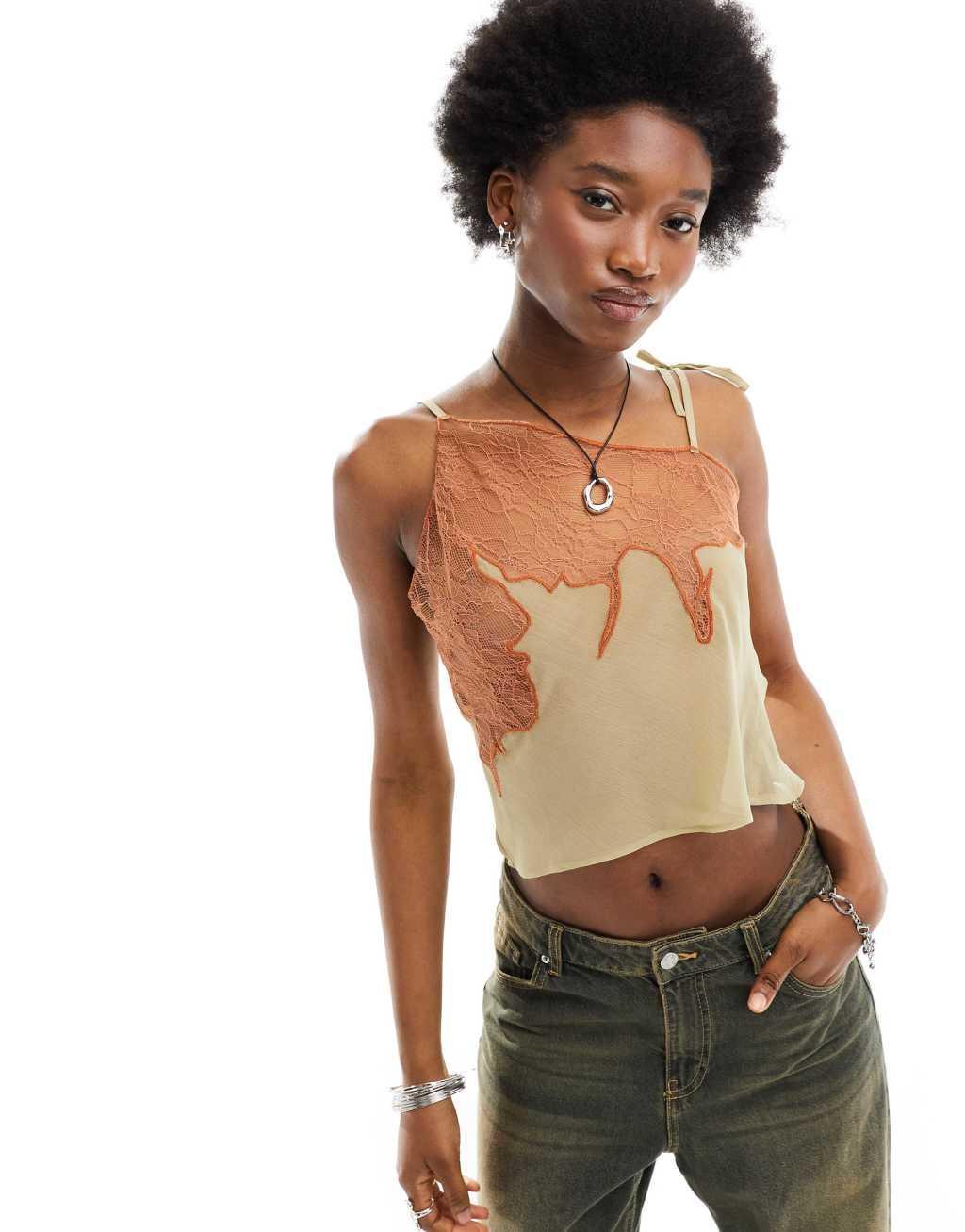 COLLUSION sheer asymmetric cami top with lace detail in neutral Product Image