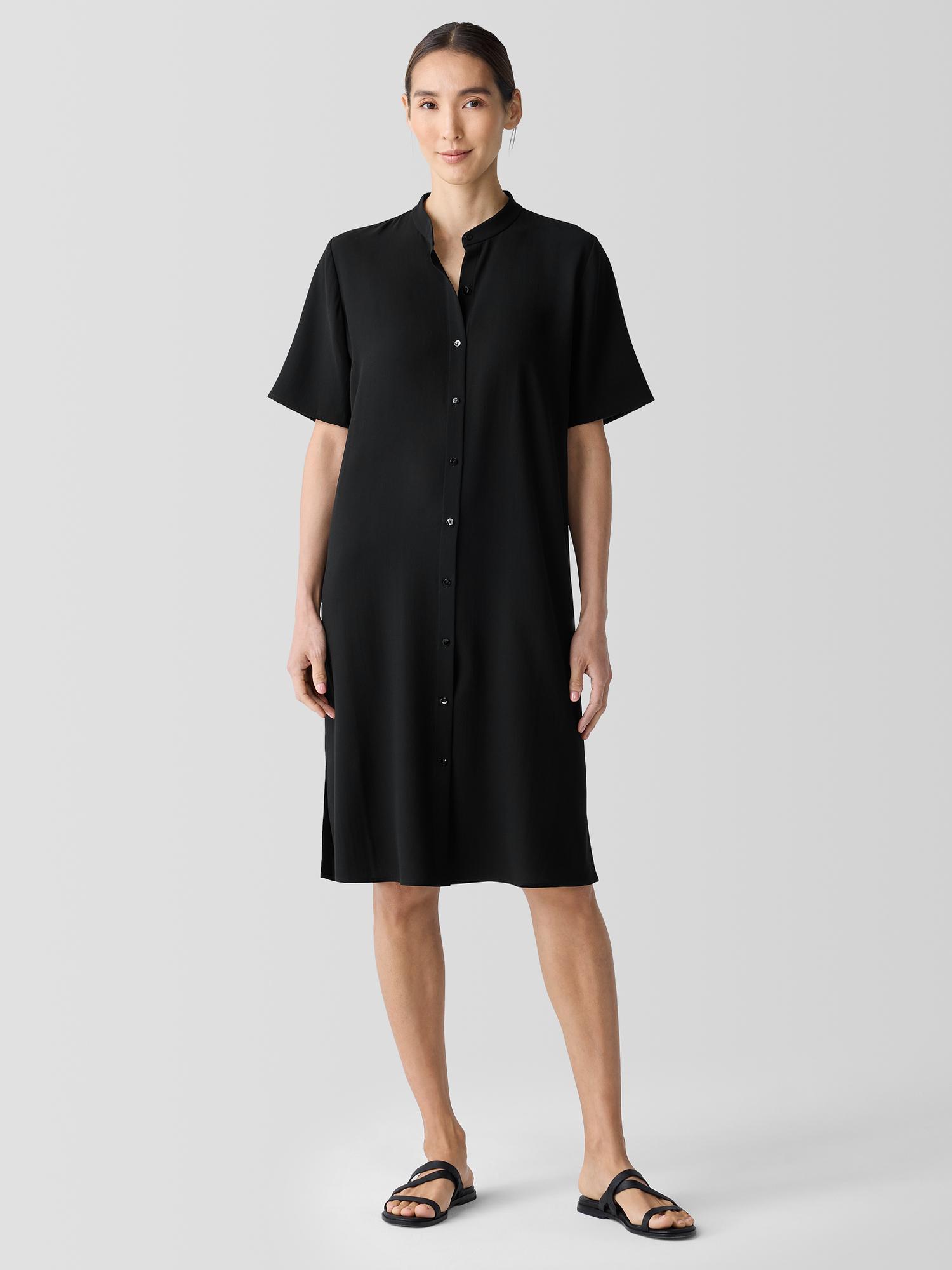 EILEEN FISHER Silk Georgette Crepe Band Collar Dressfemale Product Image