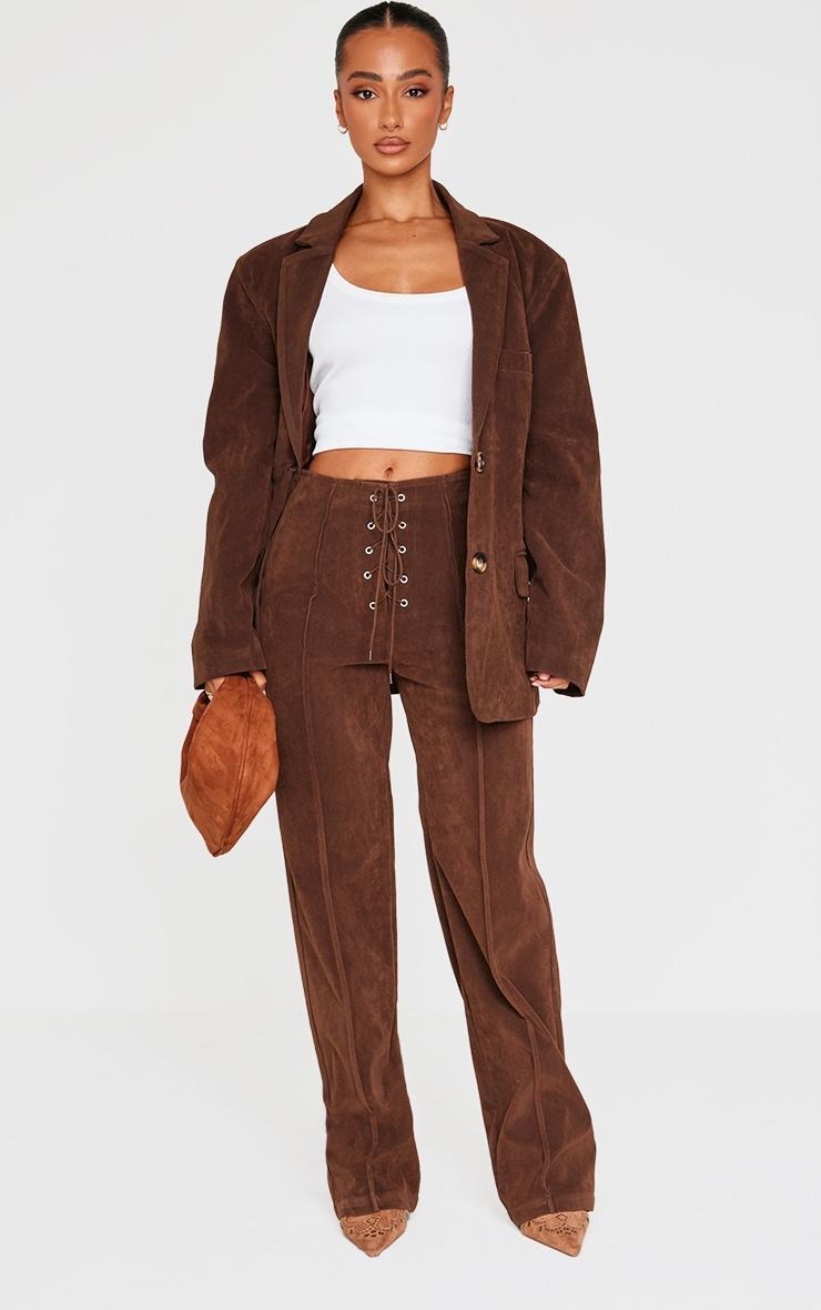 Petite Chocolate Suede Lace Up Wide Leg Pants Product Image