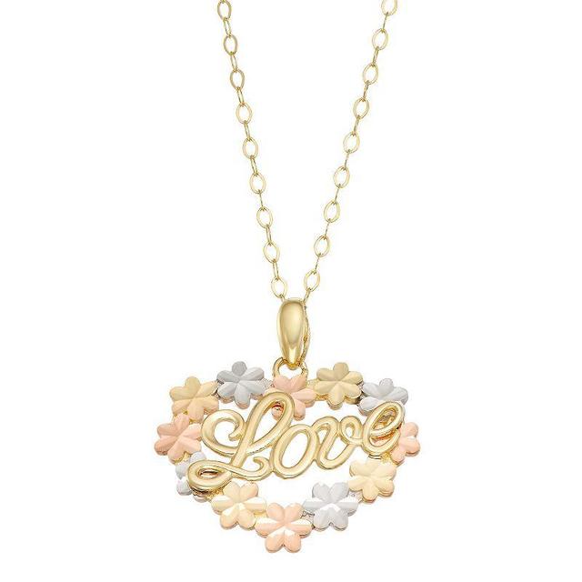 Tri-Tone 10k Gold Love Flower Heart Pendant Necklace, Womens 10k  Tn Product Image