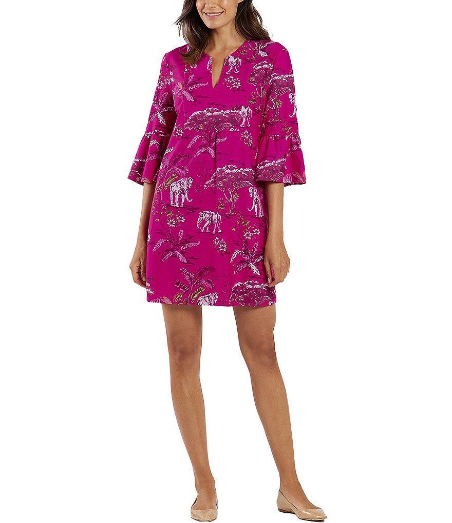 Jude Connally Kerry Jude Cloth Stretch Knit Wrinkle Free Elephant Safari Print Split V-Neck 3/4 Bell Sleeve Shift Dress Product Image