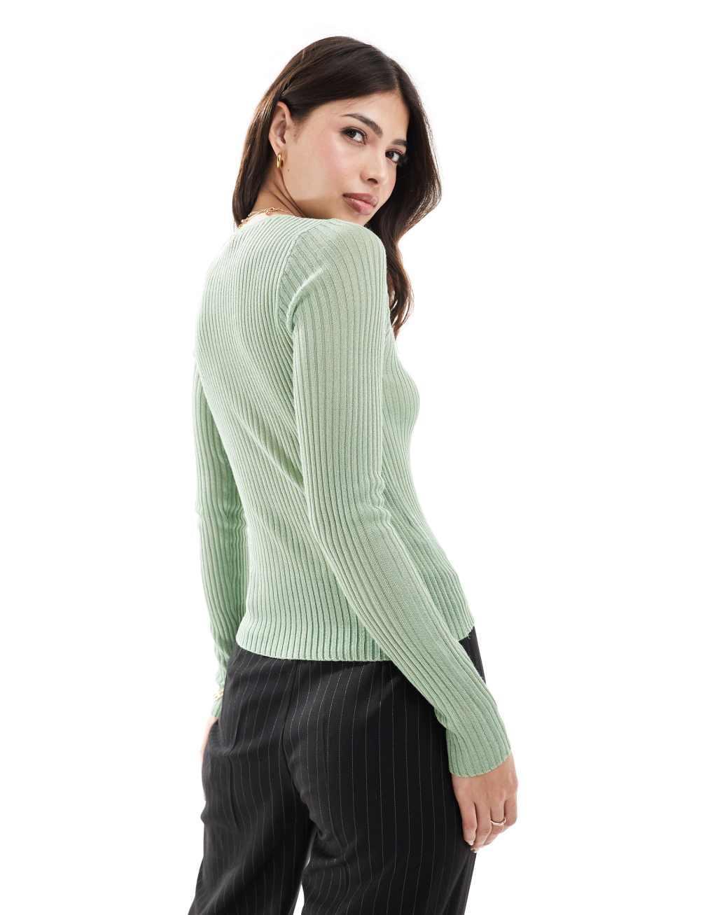 Mango fine knit ribbed sweater in sage green Product Image