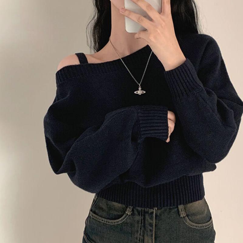 Cold-Shoulder Plain Sweater Product Image