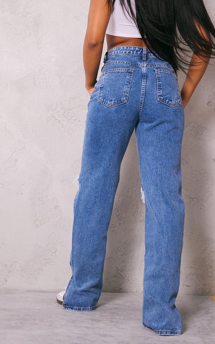 Washed Mid Blue Ripped Open Knee Split Hem Jeans Product Image