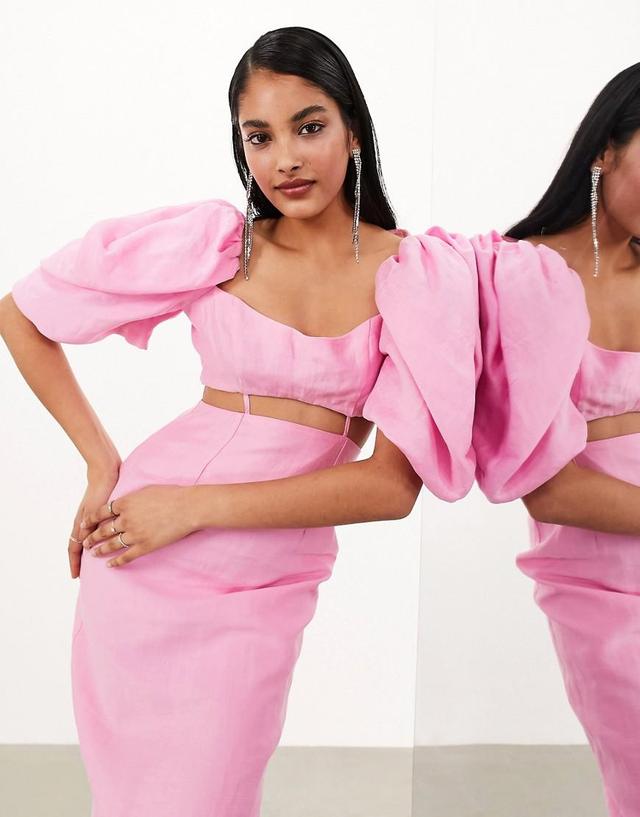 ASOS EDITION washed puff sleeve midaxi dress with cut out waist detail Product Image