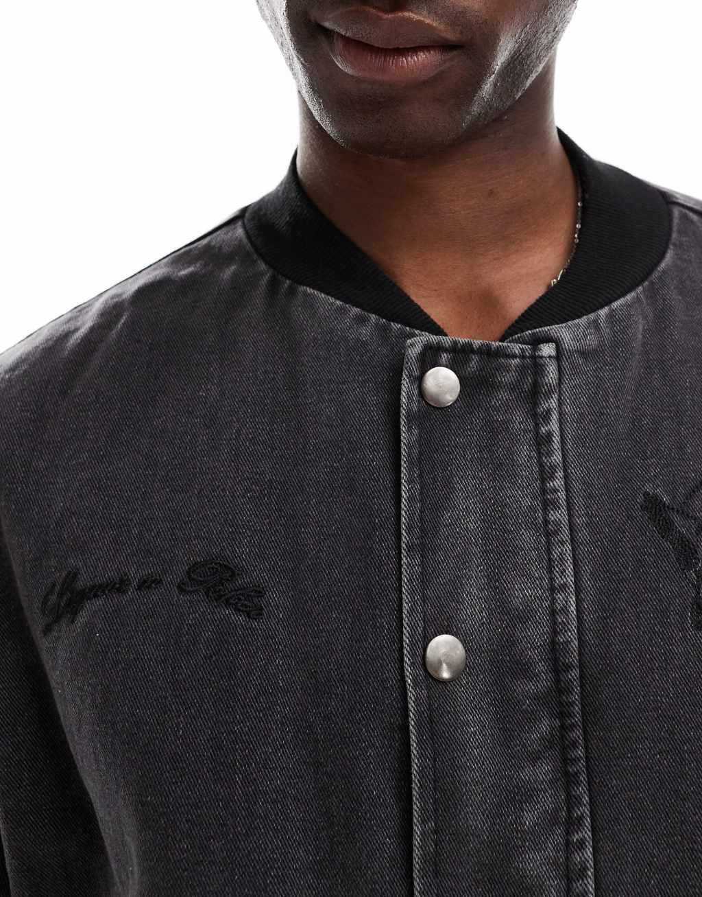 Liquor N Poker motif back bomber jacket in black Product Image