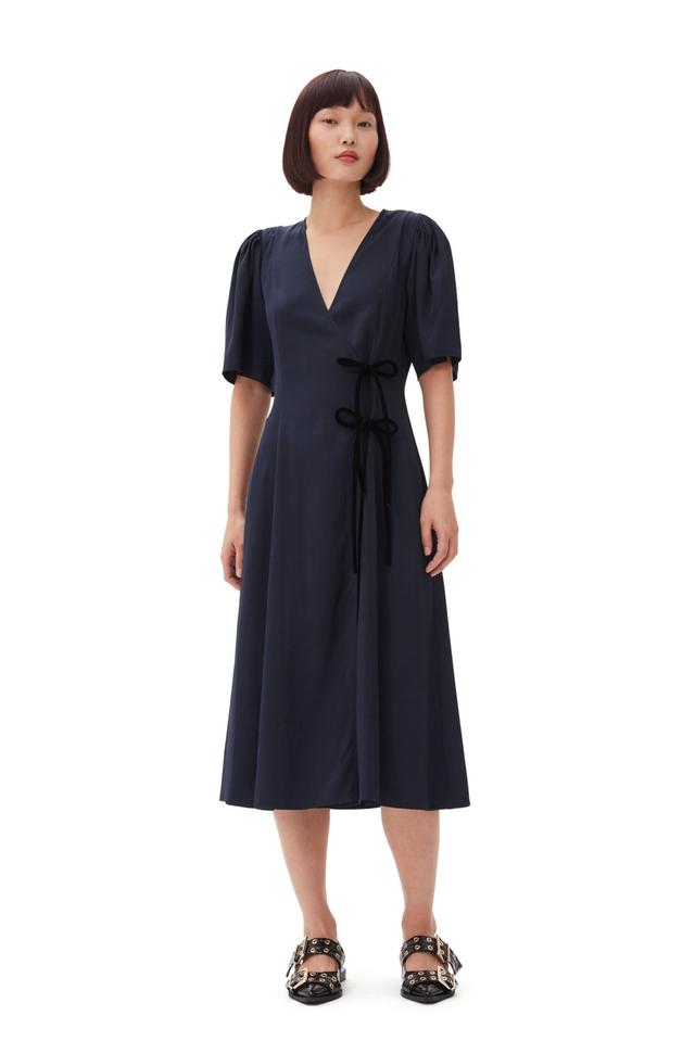 Navy Blue Viscose Twill Wrap Midi Dress Product Image