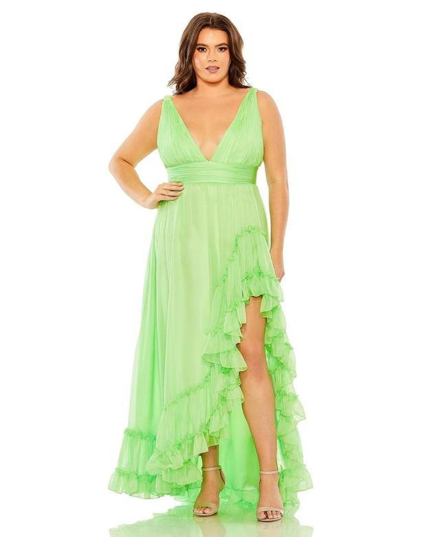 Women's Plus Size V Neck Sleeveless Ruffle Tiered Front Slit Gown Product Image