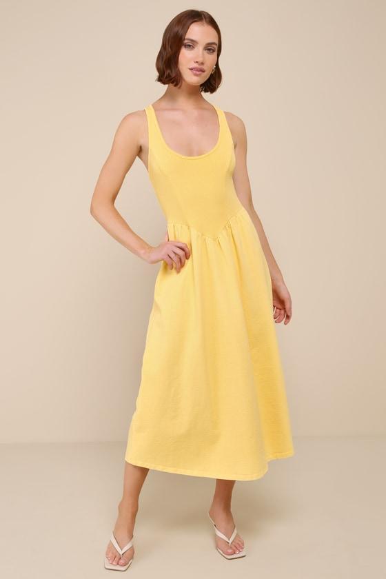 Summer Beauty Light Yellow Ribbed Twist-Back Midi Dress Product Image