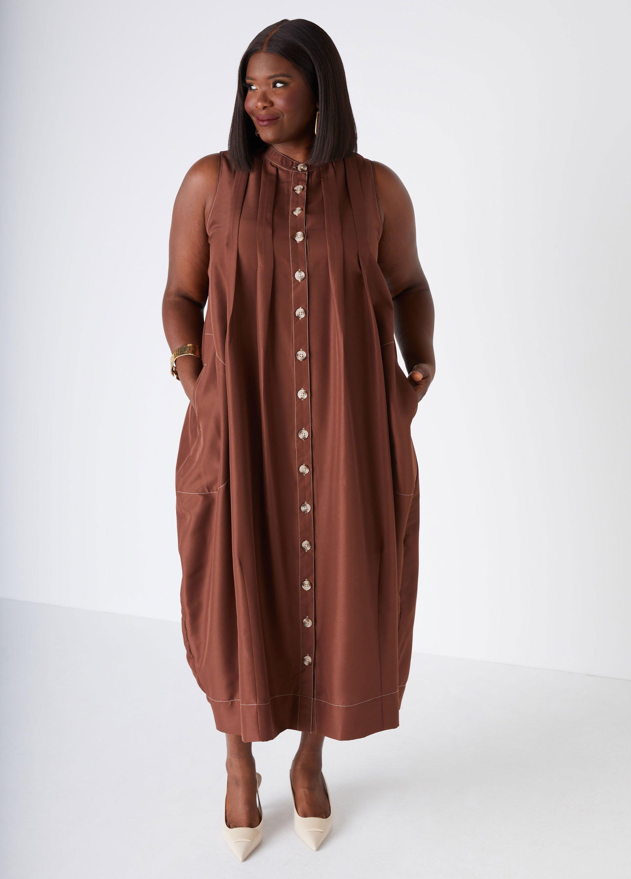 Plus Size Pleated Midi Shirtdress, - Ashley Stewart Product Image