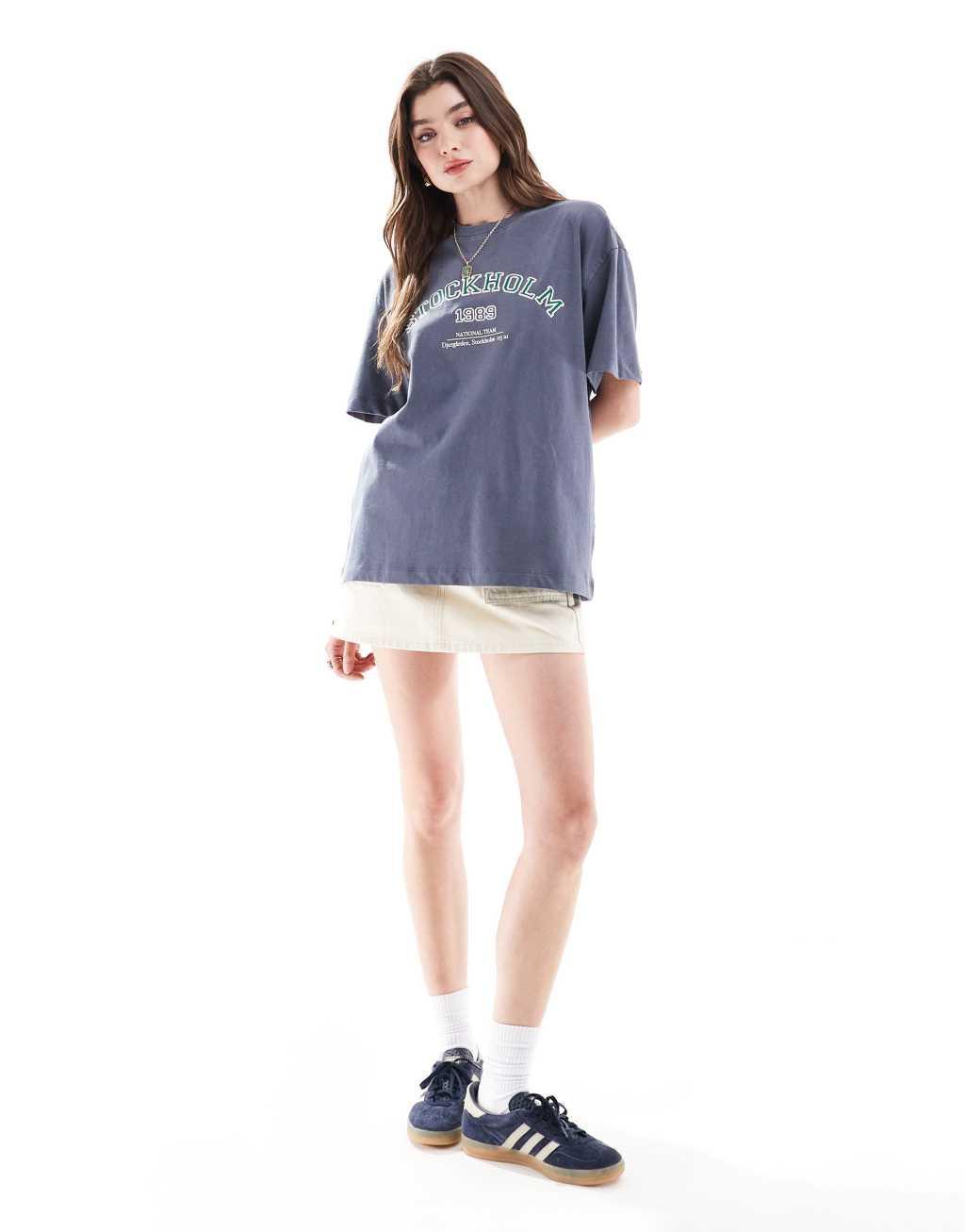 Cotton On oversized washed navy t-shirt with Stockholm print Product Image