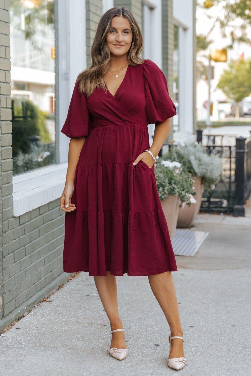 Wine Tiered Midi Wrap Dress Female Product Image