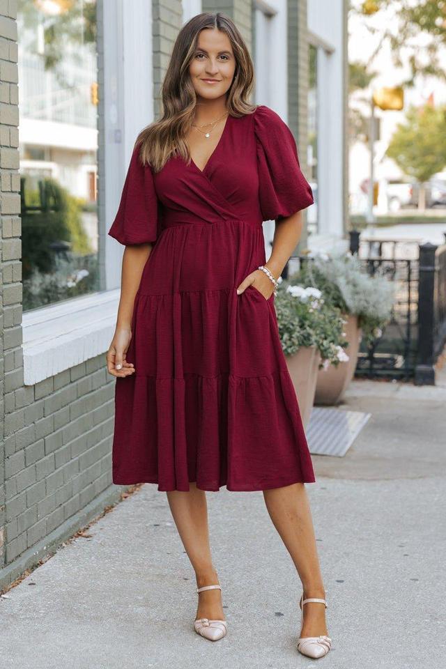 Wine Tiered Midi Wrap Dress Female Product Image