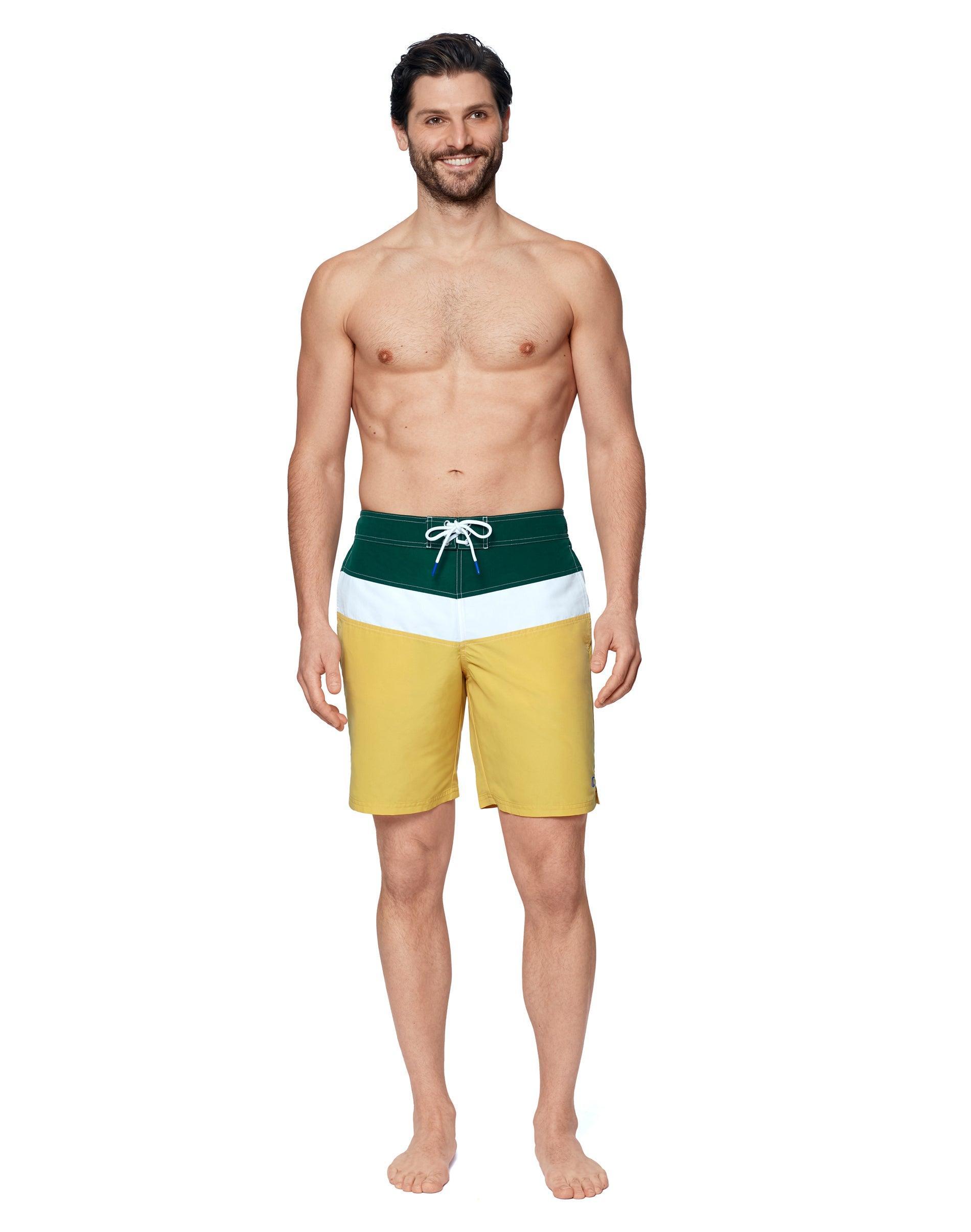 Mens Champion Surf Shorts, Colorblock, 7 Dark Green/White/Gold L Product Image