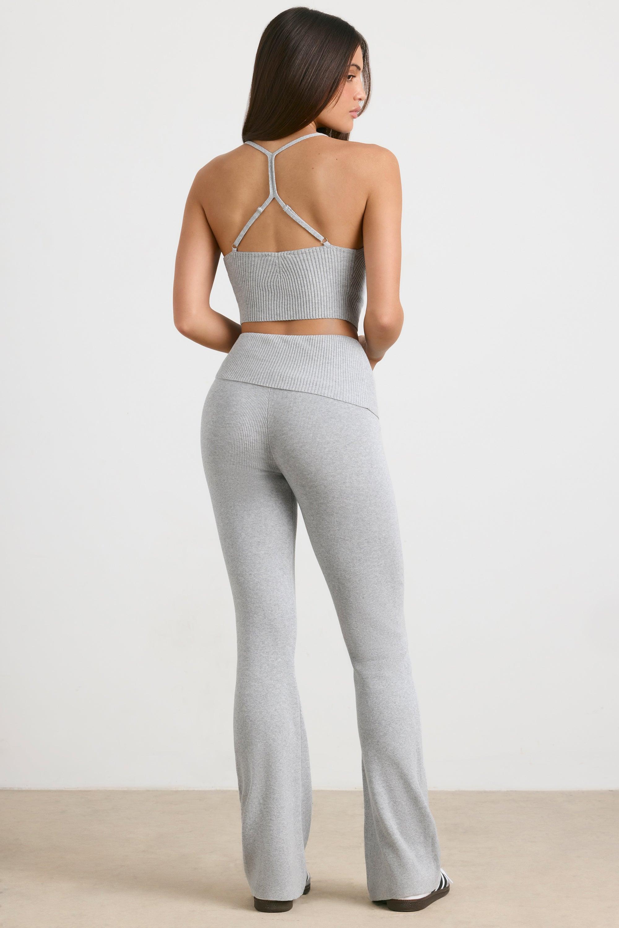 Petite Chunky Knit Kick Flare Trousers in Heather Grey Product Image