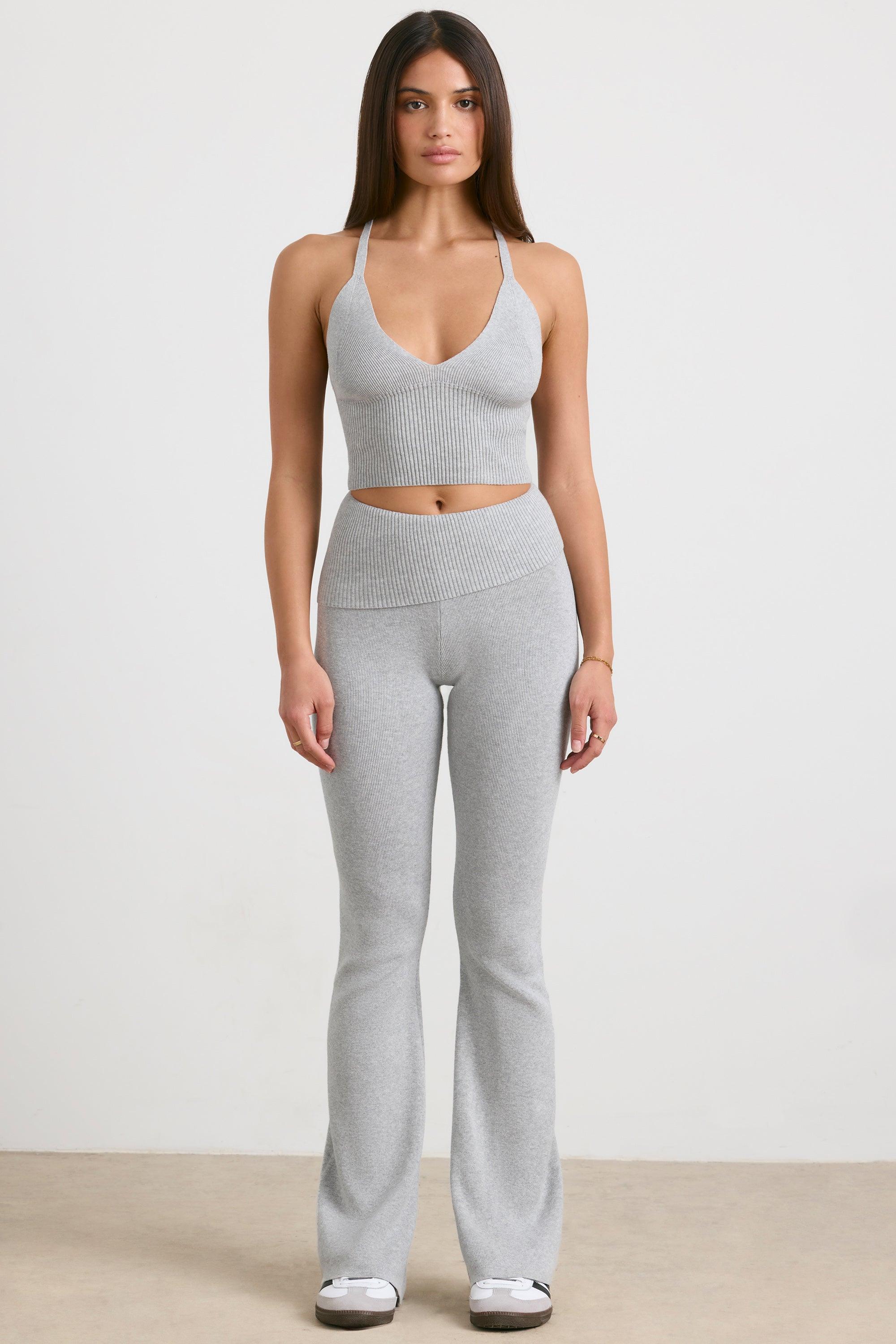 Petite Chunky Knit Kick Flare Trousers in Heather Grey Product Image