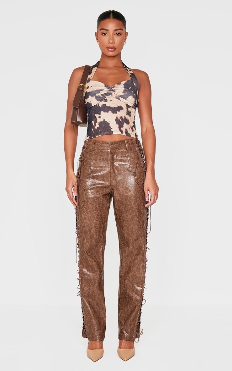 Brown Cow Print Burnout Mesh Halterneck Top Product Image