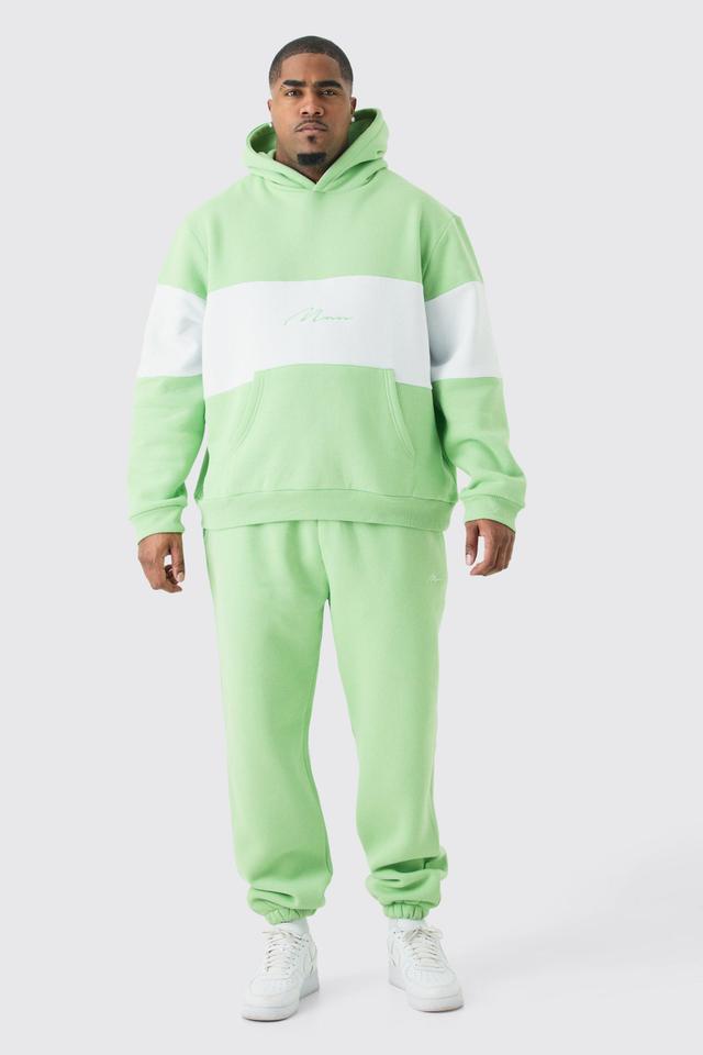 Plus Colour Block Man Hooded Tracksuit In Sage | boohooMAN USA Product Image