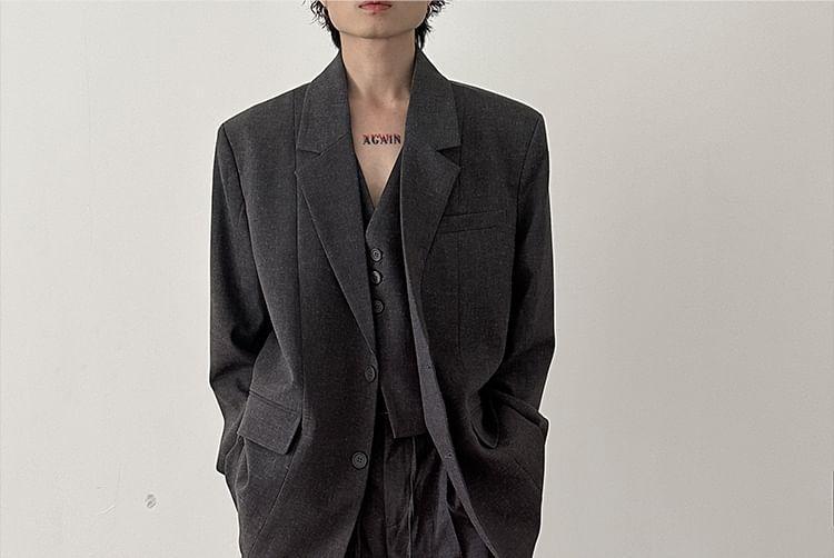 Lapel Collar Plain Blazer / Low Rise Wide Leg Pants Product Image