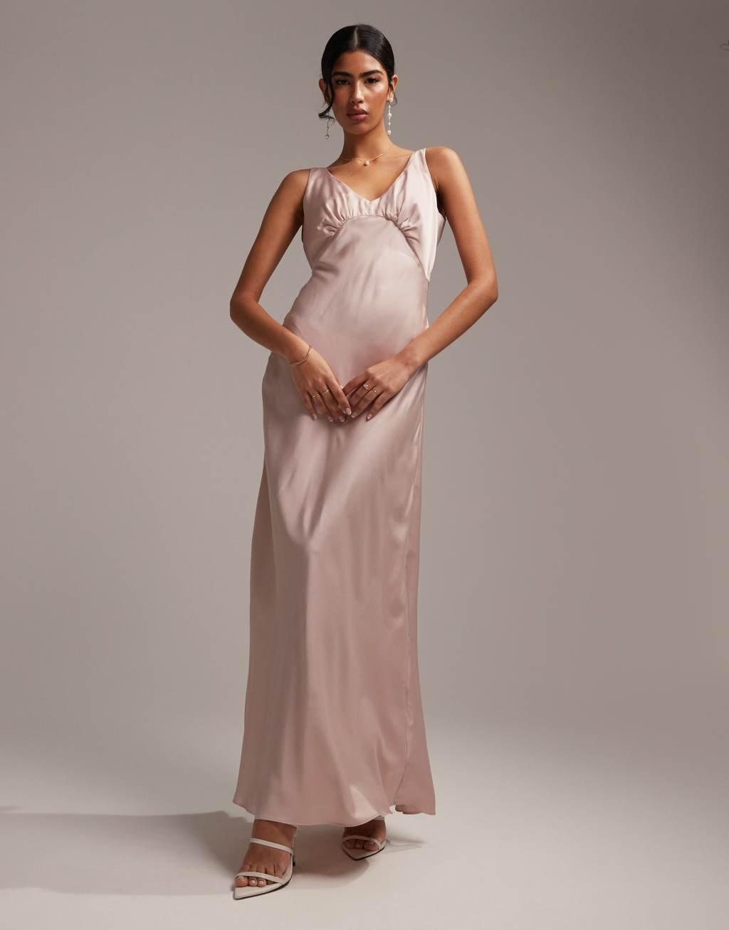 ASOS DESIGN Bridesmaid satin ruched bodice maxi dress with tie back and button back detail in blush Product Image