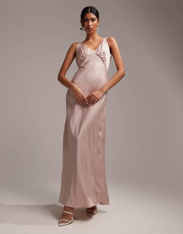 ASOS DESIGN Bridesmaid satin ruched bodice maxi dress with tie back and button back detail in blush Product Image