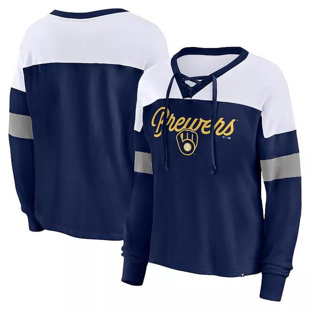 Womens Fanatics Branded /White Milwaukee Brewers Even Match Lace-Up Long Sleeve V-Neck T-Shirt Blue Product Image