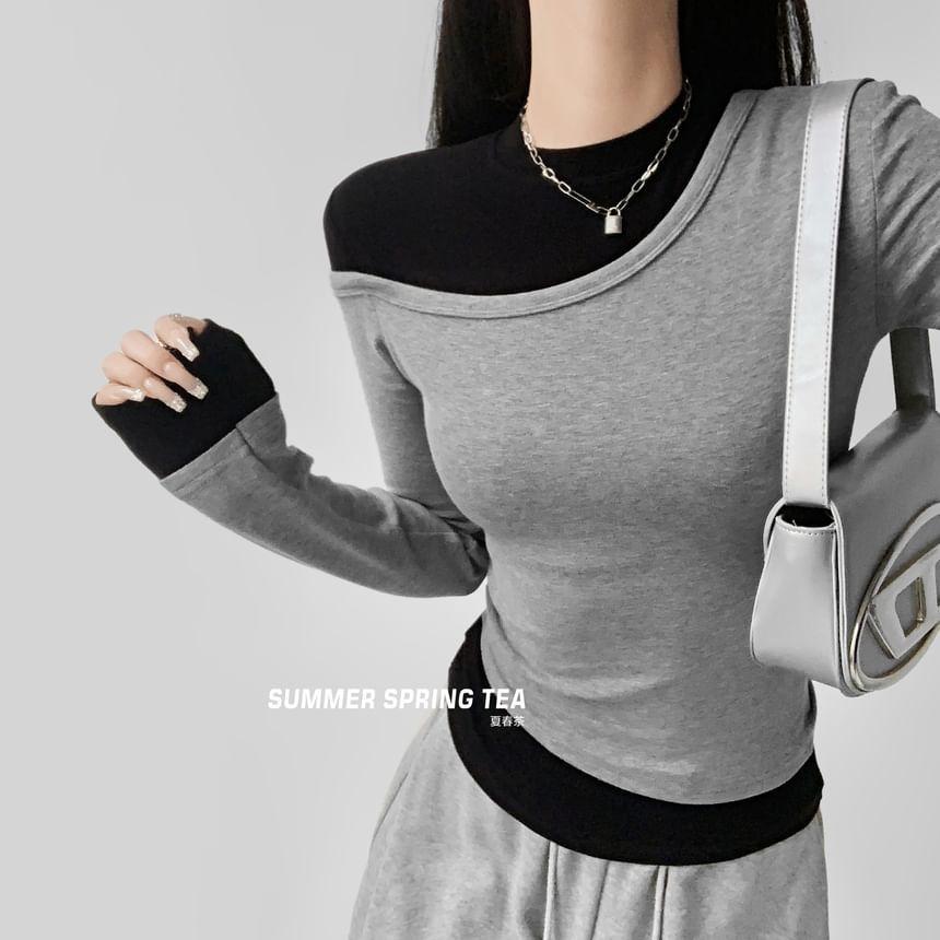 Mock Two-Piece Long-Sleeve High Neck Two-Tone Tee Product Image