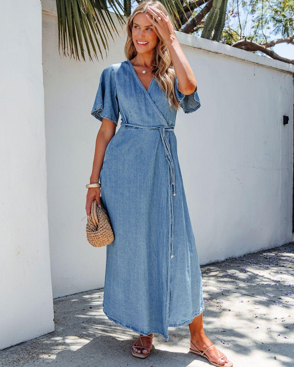 Denim Wrapped Front Maxi Dress Product Image