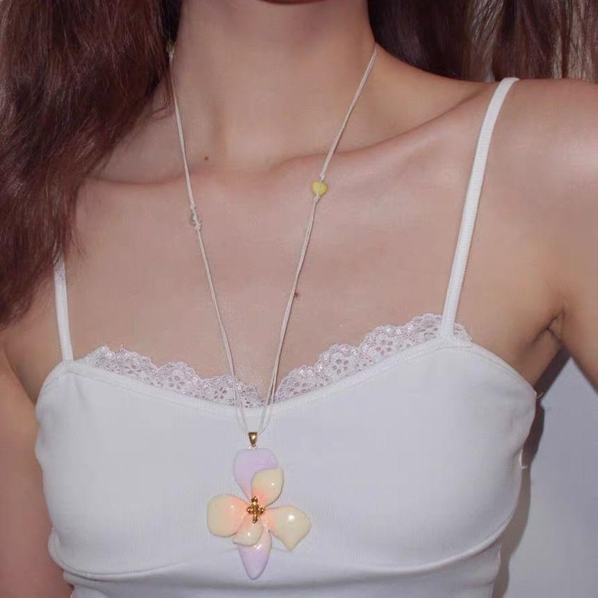 Floral Pendant Faux Pearl Cord Necklace Product Image