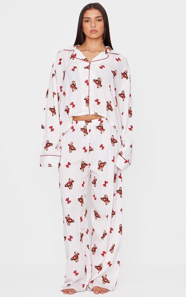 Cream Teddy Print Crinkle Long Pj Set Product Image