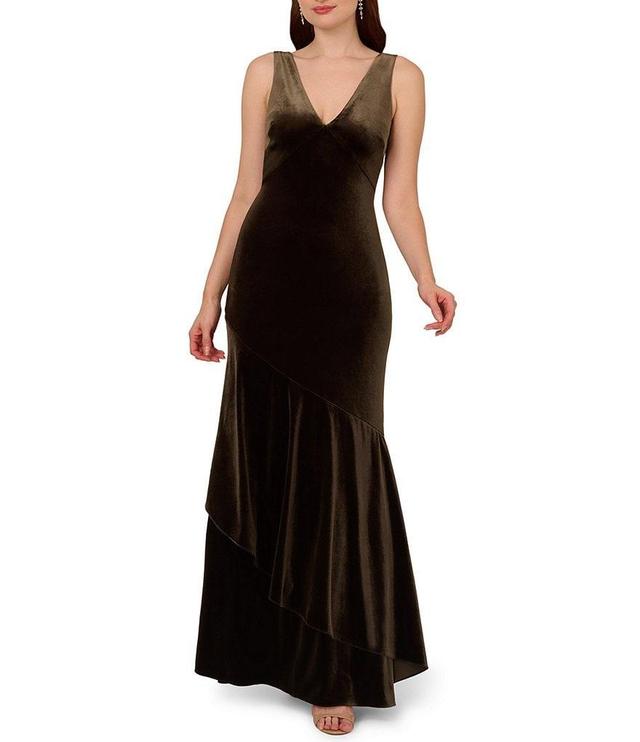 Adrianna Papell Velvet V-Neck Sleeveless Drape Back Asymmetrical Tiered Hem Gown Product Image