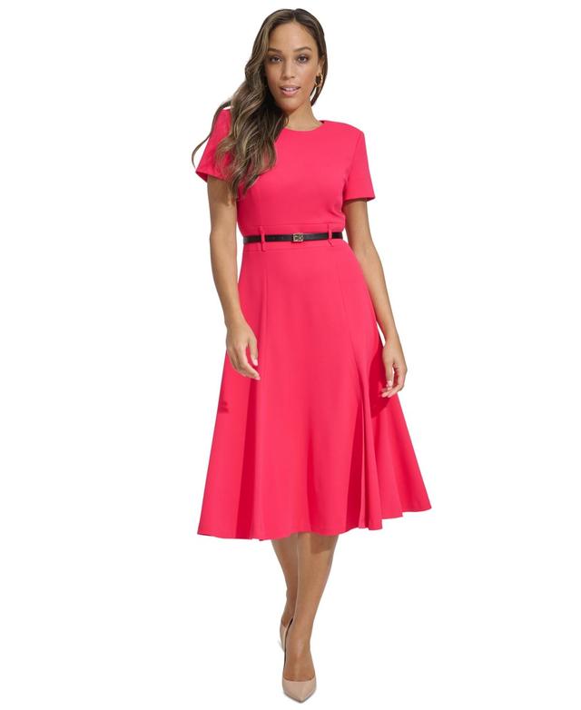 Calvin Klein Womens Short-Sleeve Belted Midi Dress Product Image