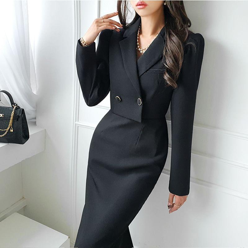 Notch Lapel Mock Two-Piece Plain Double-Breasted Midi Sheath Blazer Dress Product Image