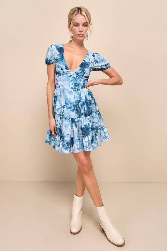 Endearing Aura Light Blue Floral Puff Sleeve Tiered Mini Dress Product Image