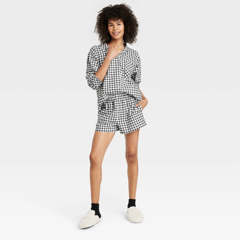 Women's Check Flannel Long Sleeve Top and Shorts Pajama Set - Auden™ Black/White XS Product Image