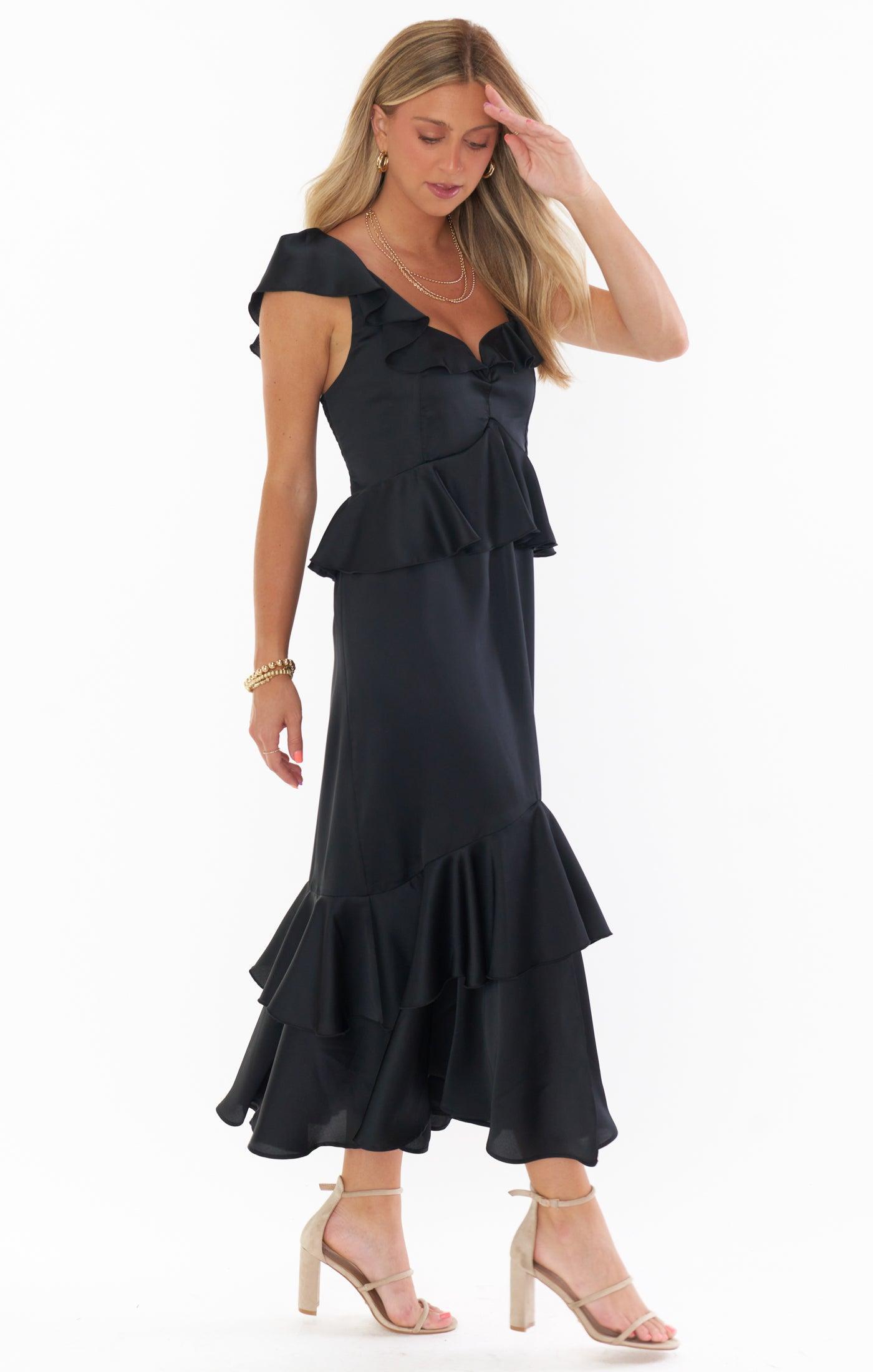 Reese Ruffle Dress ~ Black Luxe Satin Product Image