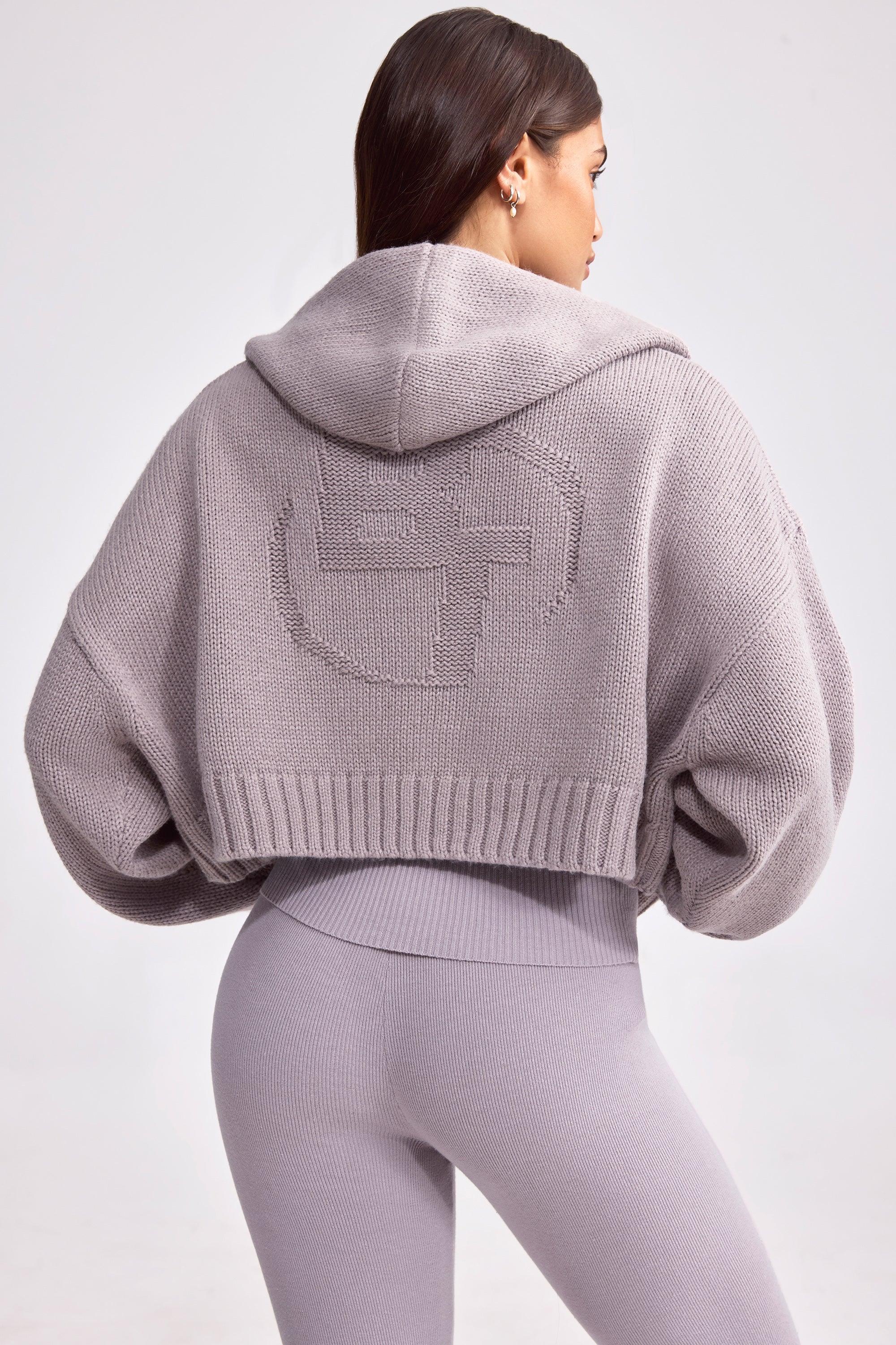 Cropped Zip-Up Chunky Knit Hoodie in Dusty Lavender Product Image