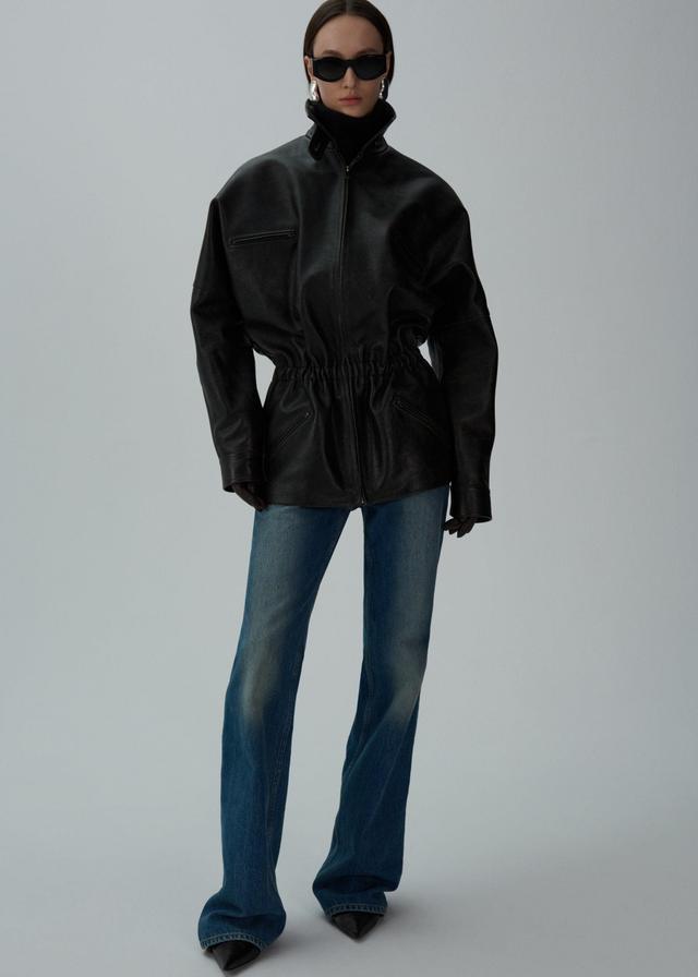 Cinched leather jacket in brown Product Image