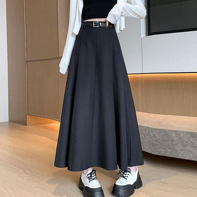 High Waist Plain Pleated Maxi A-Line Skirt Product Image