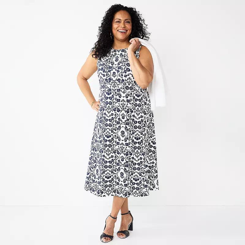 Plus Size Croft & Barrow Sleeveless Fit & Flare Midi Dress, Womens Blue Folk Floral Product Image