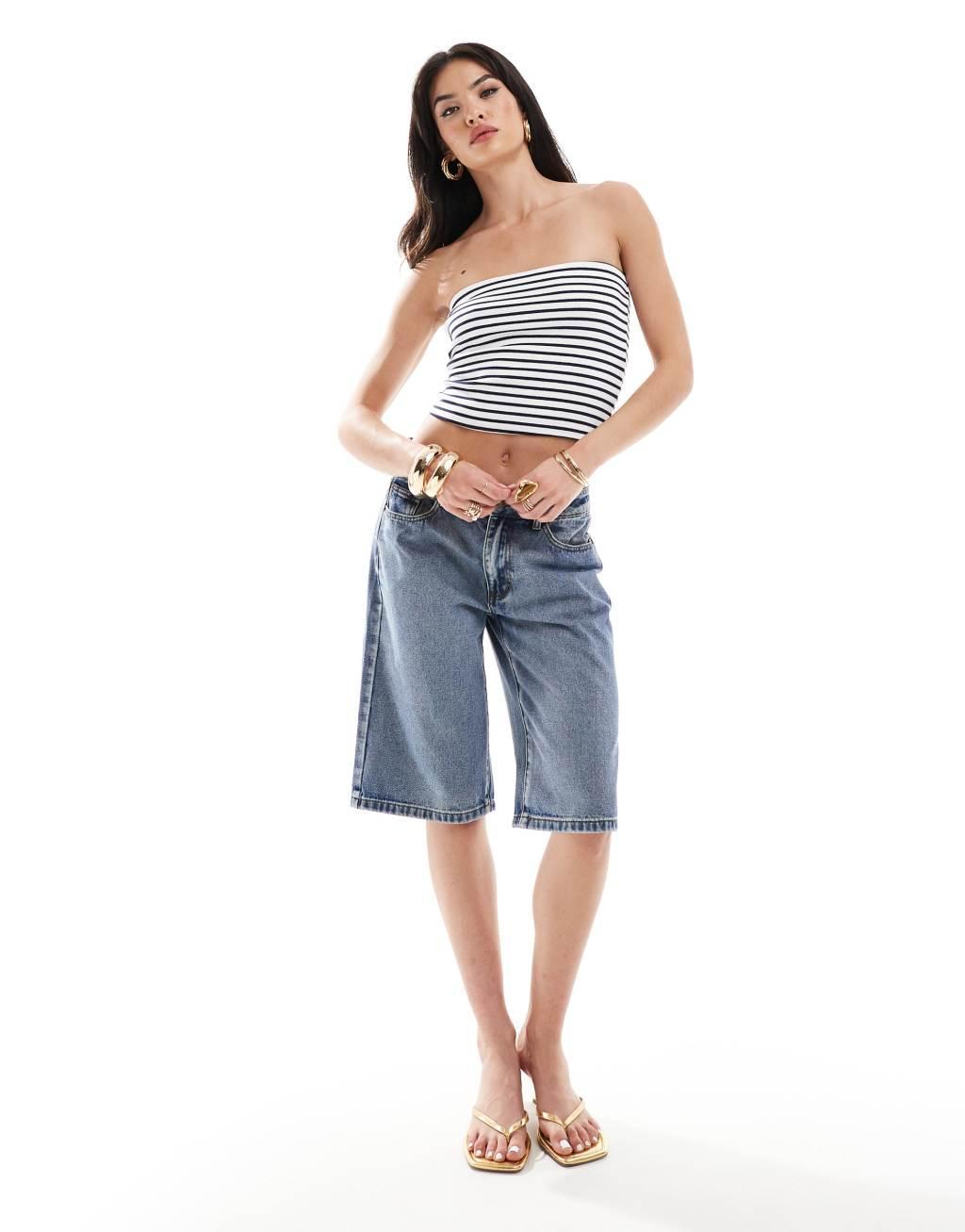 Mango bandeau jersey stripe top in blue Product Image