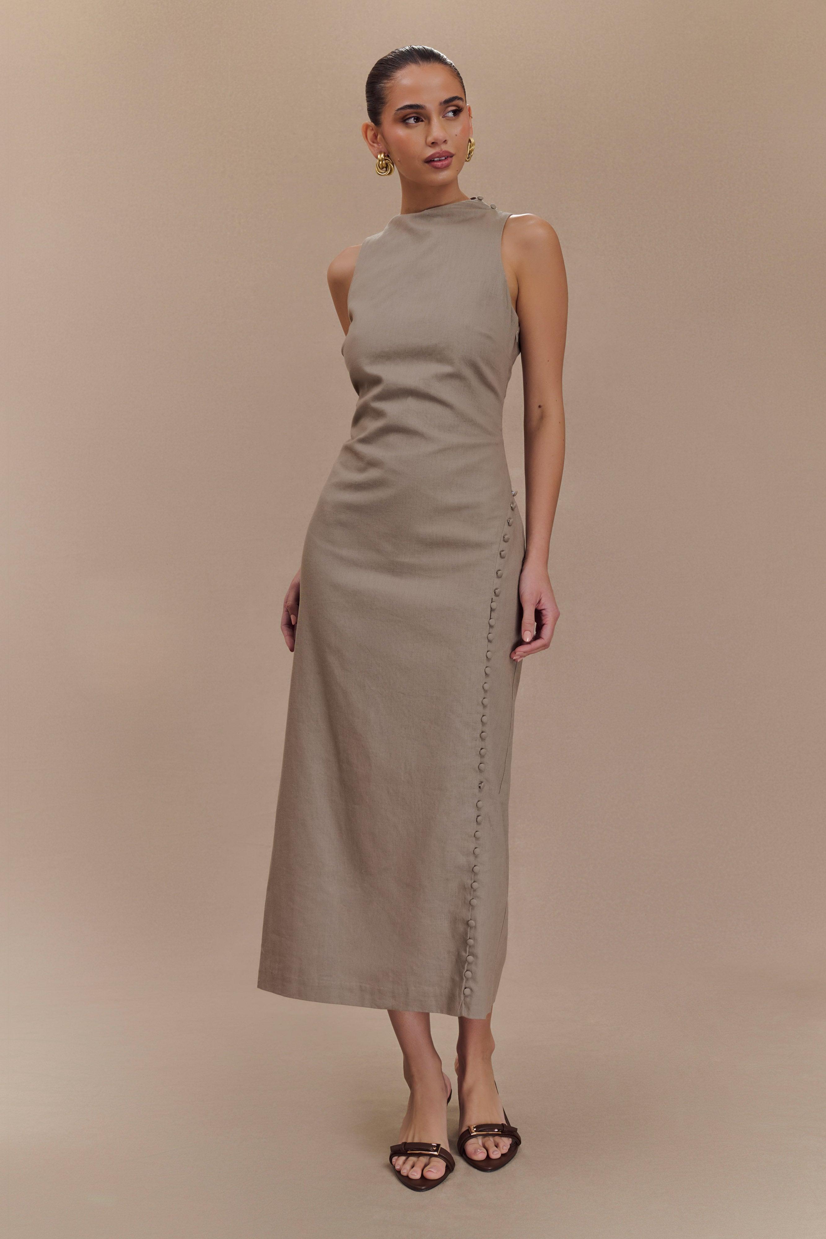 Bronte Linen Button Midi Dress - Pebble Product Image