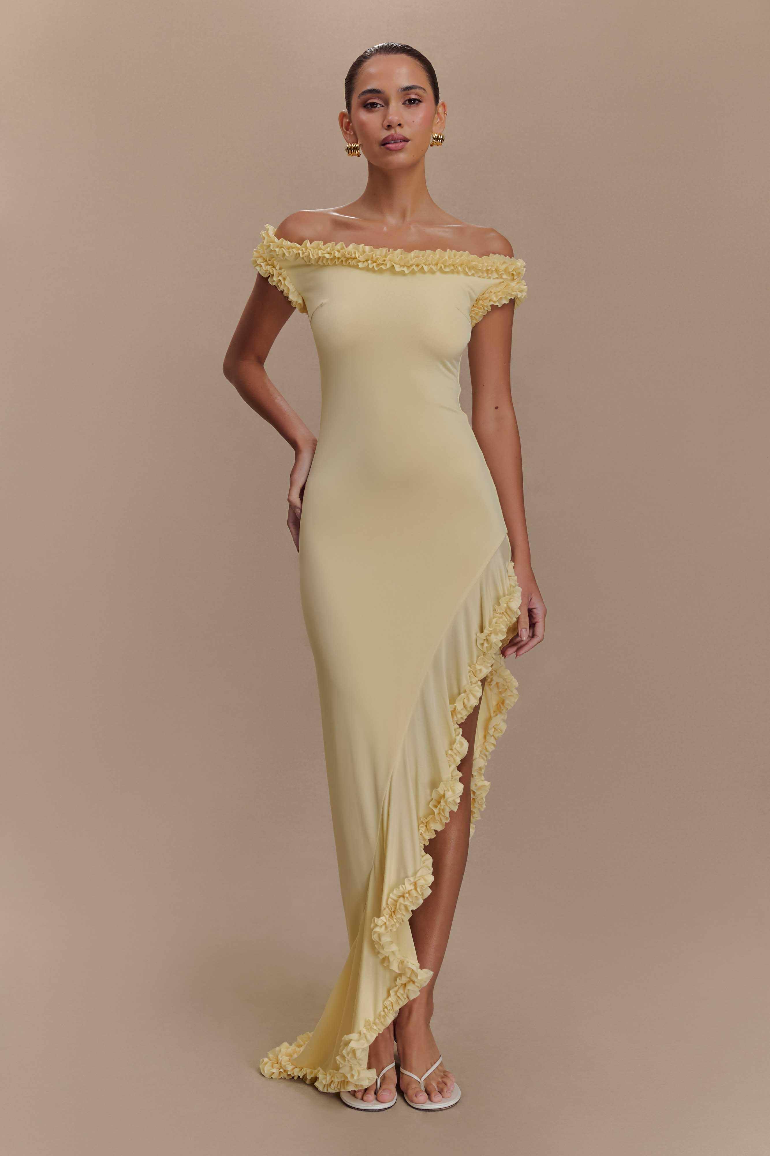 Arielle Off Shoulder Ruffle Midi Dress - Pastel Lemon Product Image