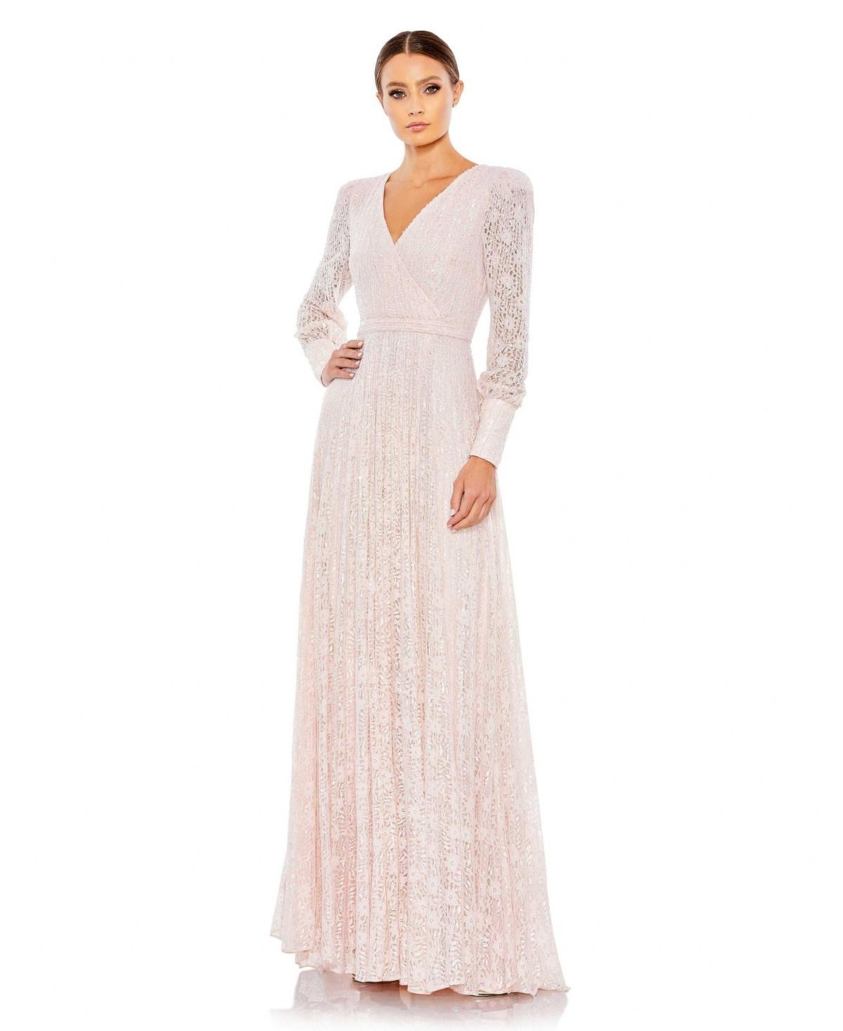 Womens Beaded Lace Long Sleeve Wrap Over Gown Product Image