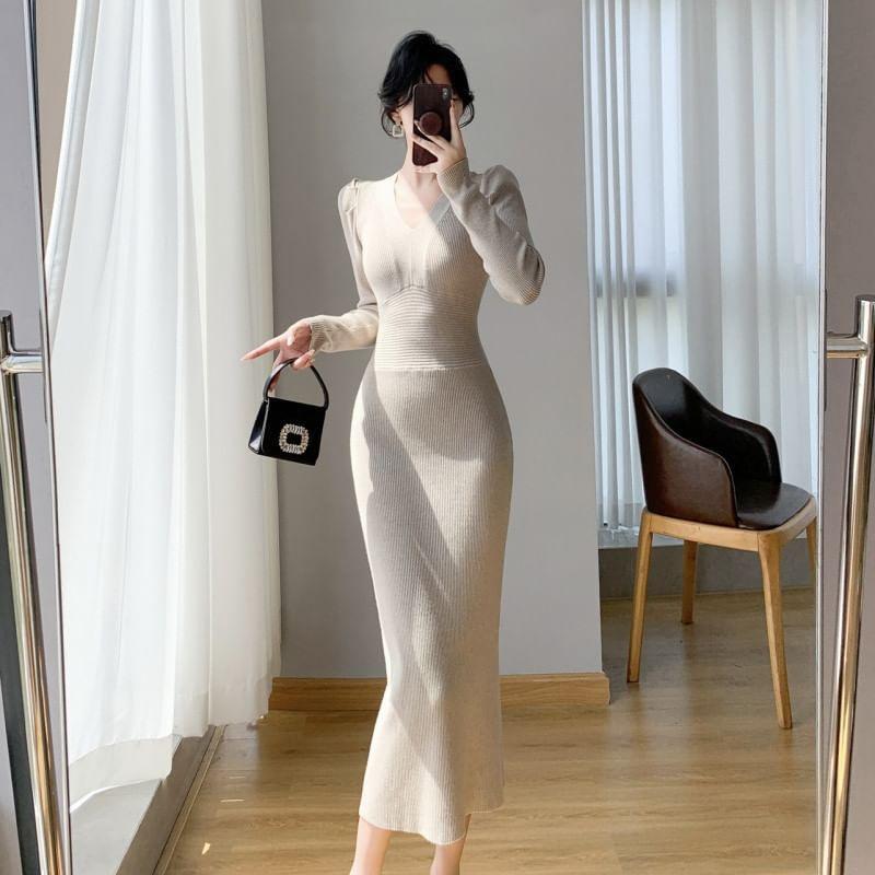 Long-Sleeve V-Neck Plain Ribbed Midi Sheath Knit Dress Product Image