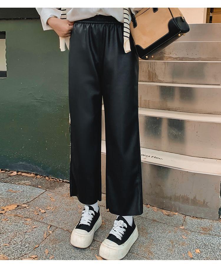 High Rise Faux Leather Crop Wide Leg Pants Product Image