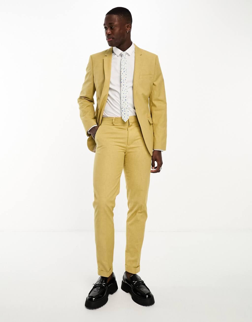 ASOS DESIGN slim suit jacket in stone slubby texture Product Image